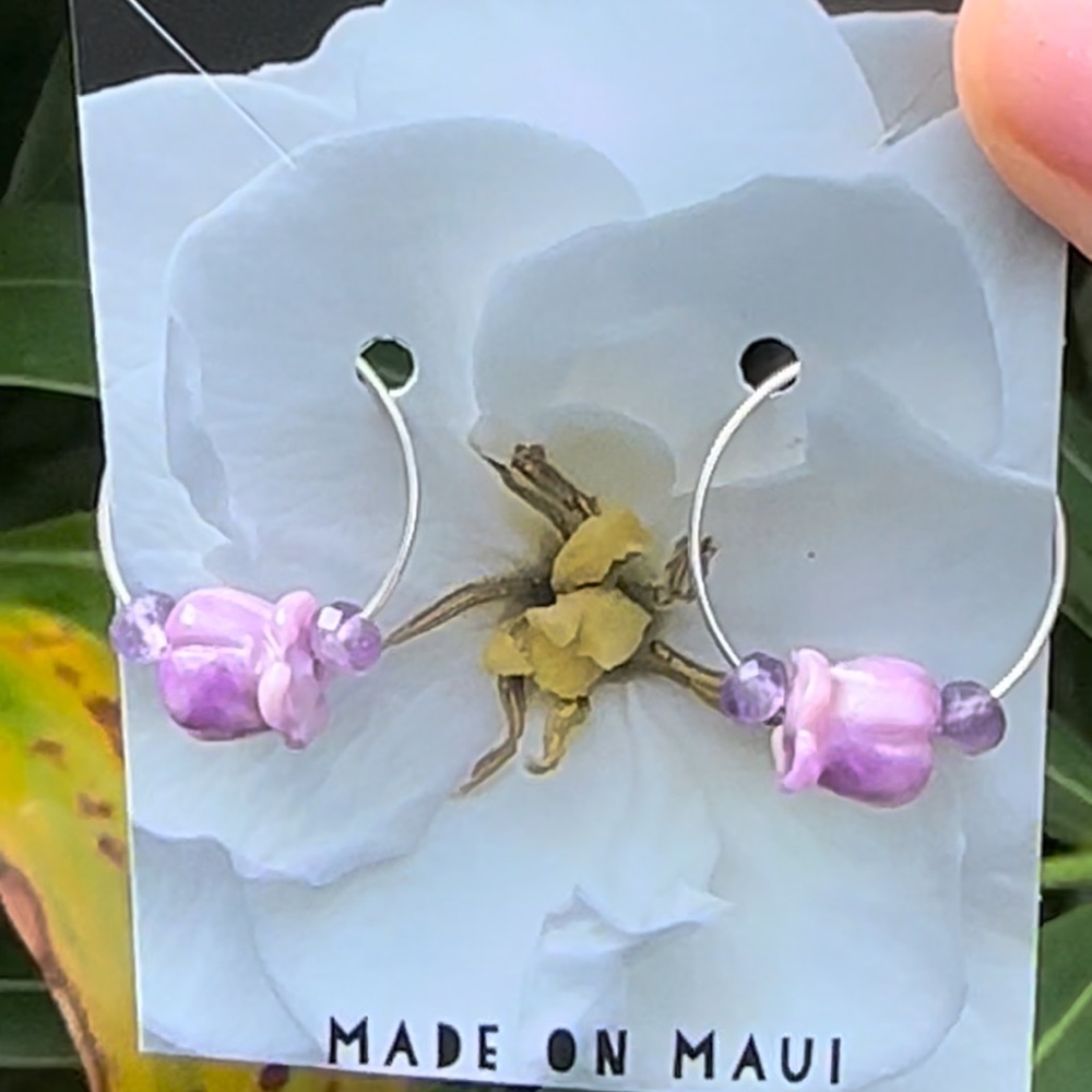 Handmade Pua Kalaunu Flower Purple Amethyst Beaded Hoop Sterling Silver Earrings
